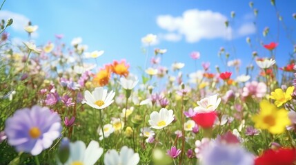 Obraz na płótnie Canvas A vibrant field of flowers under a clear blue sky