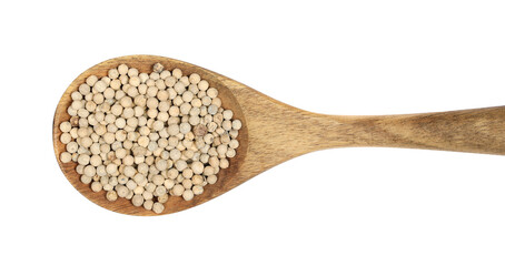 Grain white pepper pile, peppercorn in wooden spoon isolated on white, top view  