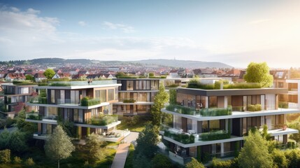 Fototapeta na wymiar an enticing panoramic image showing the suburban apartment buildings