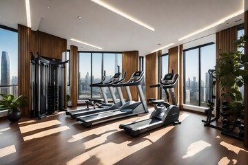 Fototapeta na wymiar A condominium's private fitness center, equipped with state-of-the-art exercise machines and large windows for natural light
