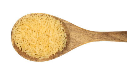 Parboiled uncooked rice pile in wooden spoon isolated on white, top view