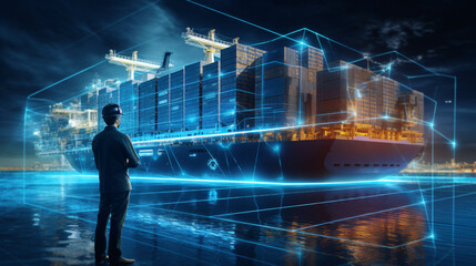 A visual representation of a large cargo ship equipped with AI navigation systems and sensors, highlighting AI's role in improving safety and efficiency in maritime logistics