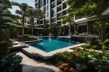 A condominium's tranquil garden retreat, featuring lush landscaping and a peaceful water feature