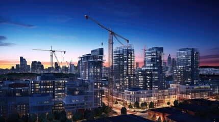 Naklejka premium Photo captures the dynamic beauty of a city in the making, with a focus on modern house construction against an evening cityscape.