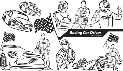 racing car 2 driver career profession work doodle design drawing vector illustration