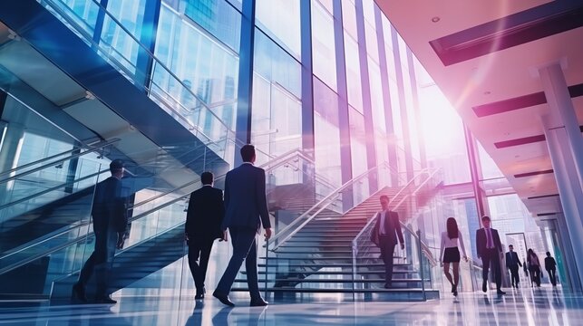 Business people climbing stairs in office building