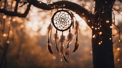 Dreamcatcher in the forest at night, trees lit up by fireflies