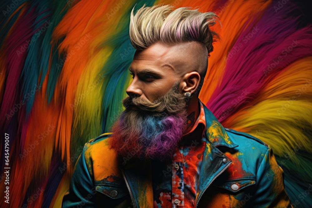 Poster man with a rainbow-colored beard.