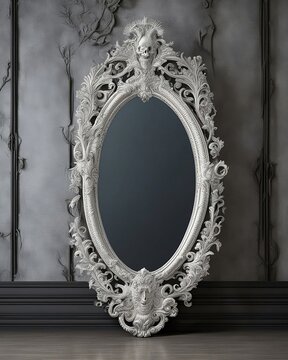 vintage ivory empty mirror frame, with a skull design at the top