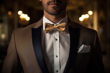 Man in suit with gold bow tie. - obrazy, fototapety, plakaty