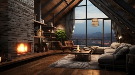 Obraz premium A cozy living room with a fireplace and stylish furniture