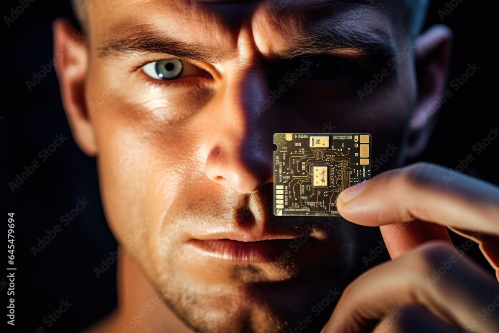 Aufkleber A man holds a computer chip in front of his face.