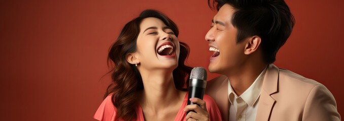 Lovers sing karaoke. Vocal lessons. Emotional performance of the couple's songs. Beautiful people performing songs, teacher voice training, Music karaoke club