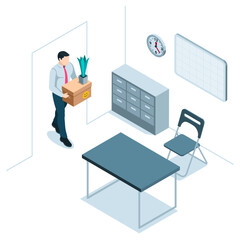 an isometric man with a box for personal belongings enters the office workroom in color on a white background, moving to a new place of work