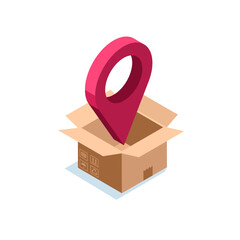 isometric location icon and open cardboard box in color on white background, parcel delivery