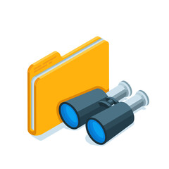 isometric folder and binoculars in color on a white background, search by catalog or folder