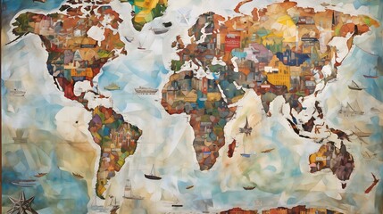 Obraz premium Education and Intelligence Collage with World Travel Theme, bulb, light, map, globe, generative AI 
