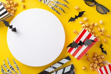 Haunting Film Night: From top view, Halloween-inspired movie ambiance. Popcorn boxes, bats, and zombie skeleton's hands. Clapperboard, 3D glasses and eerie extras on yellow backdrop, circle for advert