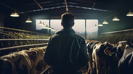 Dairy farmer in cow barn gazing out the window
