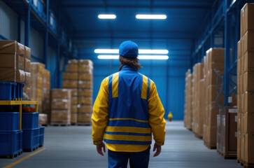 The back of the stockpiling worker wears a helmet. Walking to check the stock inside the factory.Generative AI