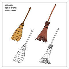Hand drawn broom. Vector isolated illustration of flying broom icon. Black outline and colorful illustration of witch broom. Witchcraft aesthetic tools.