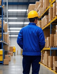 The back of the stockpiling worker wears a helmet. Walking to check the stock inside the factory.Generative AI