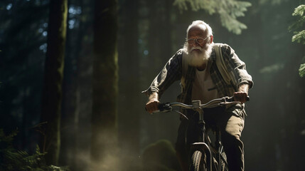 Senior male on bike in forest, healthy and active lifestyle, elderly man biking in the forest. Outdoor active senior man, enjoying physical effort. Active lifestyle. Retirement.