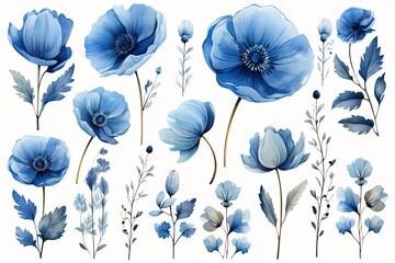 botanical set of abstract watercolor blue flowers with leaves isolated on white background