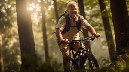 Senior male on bike in forest, healthy and active lifestyle, elderly man biking in the forest. Outdoor active senior man, enjoying physical effort. Active lifestyle. Retirement.