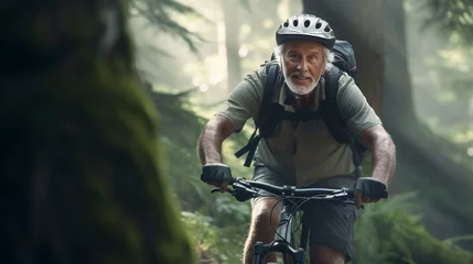 Fotobehang Senior male on bike in forest, healthy and active lifestyle, elderly man biking in the forest. Outdoor active senior man, enjoying physical effort. Active lifestyle. Retirement. © Dirk