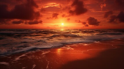 sunrise over the water. an orange sky. On the beach, an amazing red sunrise.