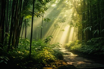 Landscape of path in asian bamboo forest with morning sunlight