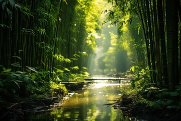 Landscape of stream or river in asian bamboo forest with morning sunlight - obrazy, fototapety, plakaty