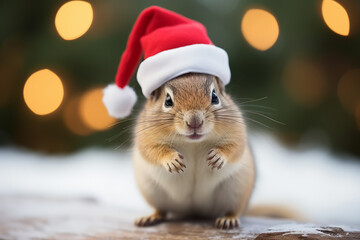Fototapeta na wymiar Portrait of an adorable festive Christmas chipmunk wearing a Santa hat in a winter landscape
