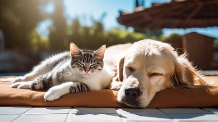 Dog and cat sunbathing