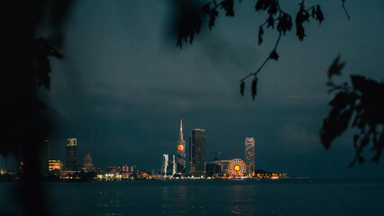 Batumi at night. View of the coastal city from afar.