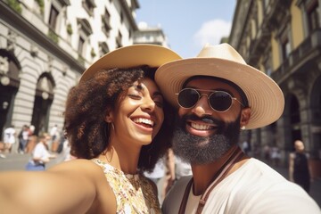 Happy couple taking selfie photo in Barcelona.generative AI