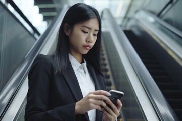 Smiling young Asian businesswoman in a suit standing on an escalator, using apps on a mobile phone, reading news on a smartphone, checking mobile apps. Generative AI