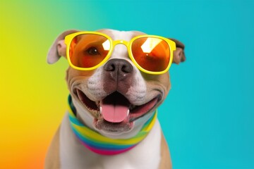 Portrait of a cheerful dog in sunglasses reflecting a carefree holiday in a summer outfit, ready for a beach holiday, posing on a yellow background. pet. Generative AI