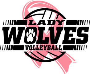 Lady wolves volleyball team design with pink cancer ribbon for school, college or league sports