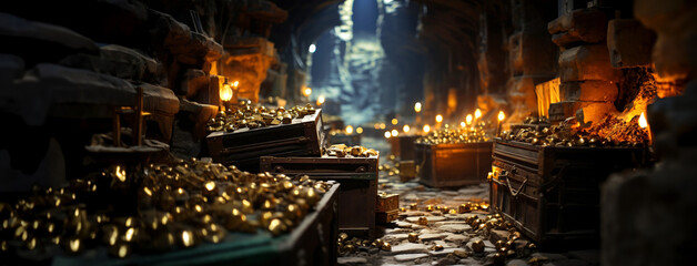Glowing Treasure in The Cave Containing Piles Of Gold. The treasure chest is full of gold coins. - obrazy, fototapety, plakaty