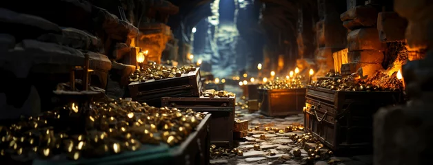 Fotobehang Glowing Treasure in The Cave Containing Piles Of Gold. The treasure chest is full of gold coins. © Yuliia