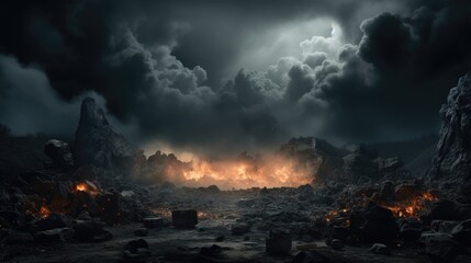 A dark and stormy scene with a fire and rocks, AI