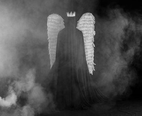 demon angel with white wings on a black background