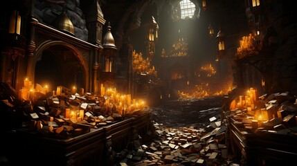 Obraz premium Glowing Treasure in The Cave Containing Piles Of Gold. The treasure chest is full of gold coins.