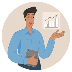 Vector illustration concept. Businessman showing success chart. Creative flat design for web banner, marketing material, business presentation, online advertising.