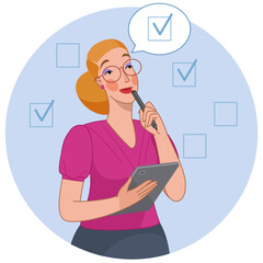 Vector illustration concept. Business woman thinking over a list of tasks. Creative flat design for web banner, marketing material, business presentation, online advertising.