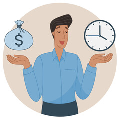 Vector illustration concept. Businessman weighs and balances between time and money. Creative flat design for web banner, marketing material, business presentation, online advertising.