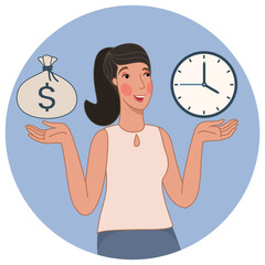 Vector illustration concept. Business woman weighs and balances between time and money. Creative flat design for web banner, marketing material, business presentation, online advertising.