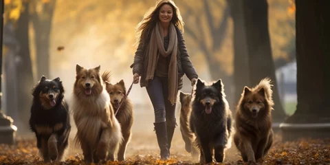  Woman Leading a Group of Dogs Through a Park Adorned with Autumn Leaves on a Serene Dog Walk © Ben